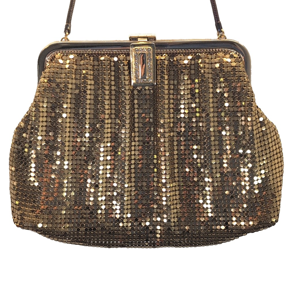 Vintage Whiting & Davis Gold Metal Mesh Evening Bag Purse w/ Chain Strap 1960s